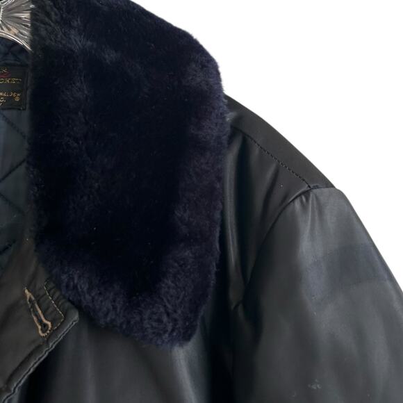 Vintage Black Twill Bomber Coat Mens Sz XL Nylon Faux Fur Collar Police Jacket - Picture 12 of 16